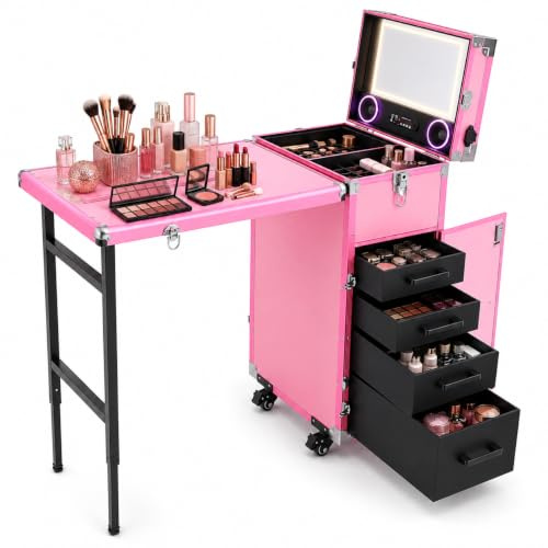 EurHomePlus Chariot avec table et 4 tiroirs, professionnel, pliable, table de manucure, table à ongles, voyage, train et valise, chariot à cosmétiques avec miroir (rose)