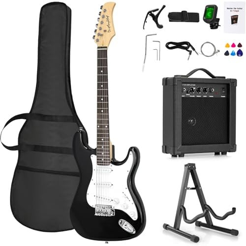 Display4top Full-Size Electric Guitar Most complete Beginner Super Kit Package with Amplifier, Guitar Stand, Bag, Guitar Pick, Strap,spare Strings, Tuner, Case and Cable (new-BlackWhite)