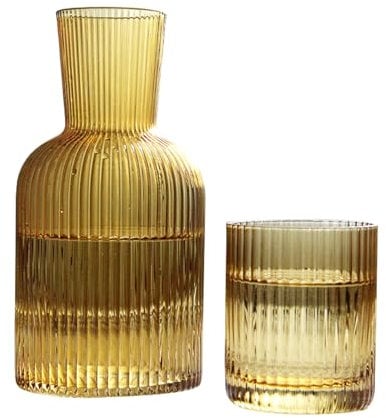 Wnvivi 790ml/28oz Bedside Water Carafe,Ribbed Water Carafe and Glass Cup Set,Vintage Glass Carafe with Tumbler for Bedroom Bathroom