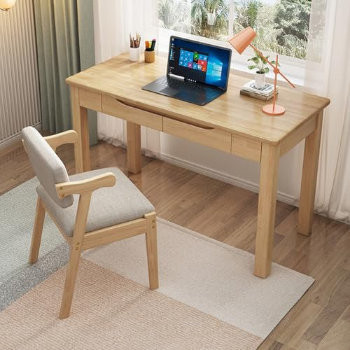 Kleiner Schreibtisch aus massivem Eichenholz, mit 2 Schubladen, moderner, schlichter Schreibtisch, Computertisch, natürliches Finish (99 cm)
