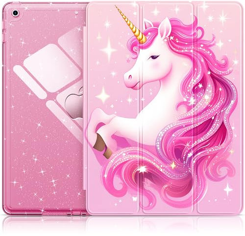 INFILAND Étui Brillant pour iPad 9e/8e/7e Génération 10,2 (2021/2020/2019) avec Dos Transparent et Support pour Stylet (Motif Licorne Rose)