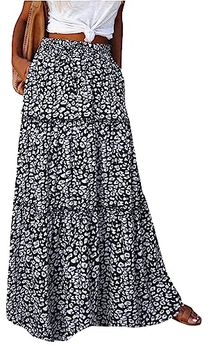 Rock Damen Lang Boho Blumen Hohe Elastische Taille Röcke mit Taschen und Gürtel Maxi Skirt Sommer Faltenrock Strandrock Freizeitrock