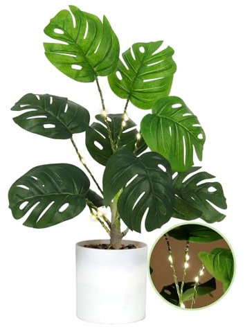 RECUTMS Pianta artificiale di Monstera Deliciosa in vaso bianco, 45,7 cm, piante tropicali finte con luce in finto vaso, albero verde per casa, ufficio, tavolo, balcone, portico, decorazione interna