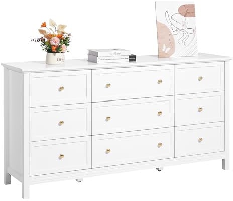 VEVOR 9 Drawer Dresser, Wooden Chest of Drawers with Sliding and Anti-tip Device, Retro Minimalist Dresser Chest, Closet Storage TV Stand Organizer for Living Room, Hallway, Bedroom, Entryway, White