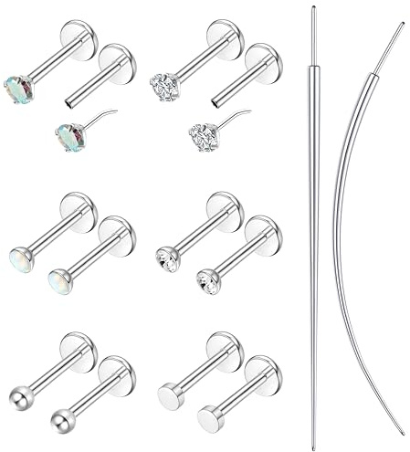 Morfetto Nasenpiercing Stecker Gold/Silber, Labret Tragus Helix Piercings | 12 Stück Chirurgenstahl, hypoallergen & wasserfest, 16G/18G/20G, 6 mm Push-in Flat Back Piercing, für Conch, Lippe & Medusa