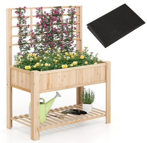 COSTWAY Hochbeet mit Spalier und Ablage, Blumenbeet mit Ablauflöchern, Gartenbeet Pflanzkasten Holz, Blumenkasten mit Rankgitter für Kletterpflanzen, Garten Balkon Terrasse, 116 x 59 x 150 cm (Natur)