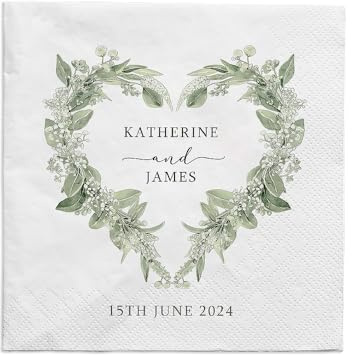 100 Stück Servietten Hochzeit Personalisiert mit Namen Text, Papierservietten mit Blumen Motiv, Hochzeitsservietten Eukalyptus Grün, Tischdeko für Hochzeit Valentinstag Verlobung