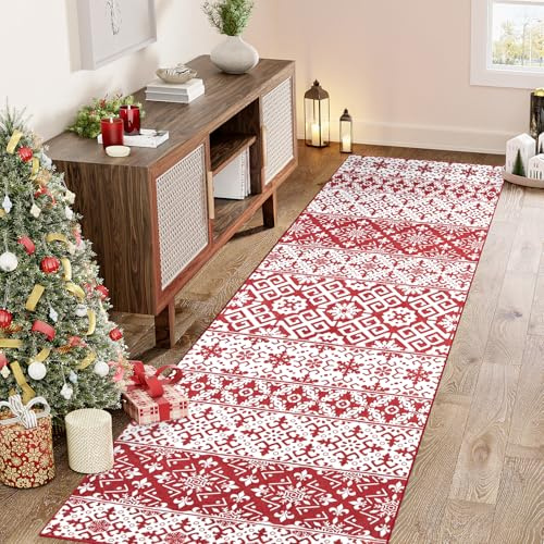 PureCozy Tappeto Natalizio 60x240cm Passatoia Corridoio Cucina Rosso Antiscivolo Lavabile Tappeti Natalizi Cervo Neve Tappetto Per Albero di Natale Lungo Pelo Corto Morbido Carpet