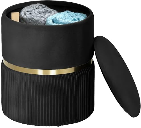 HOMCOM Round Storage Stool, Velvet-feel Fabric Upholstered Vanity Stool with Removable Top, Padded Seat and Hidden Space for Living Room, Bedroom, Black