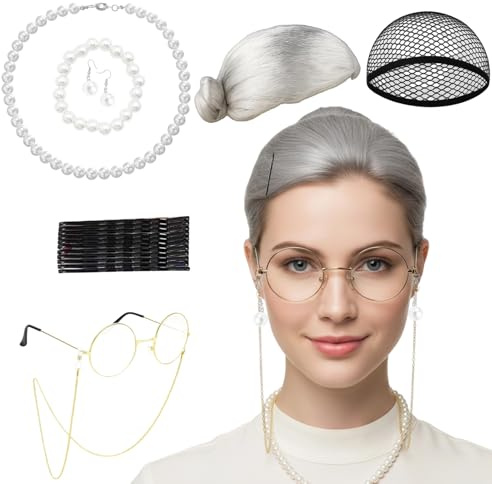 Oma Perücke Grau, 18-teiliges Oma Kostüm Damen Set, Perückes Grau Damens mit Zubehör, Graue Perücke Damen für Halloween, Theater und Cosplay