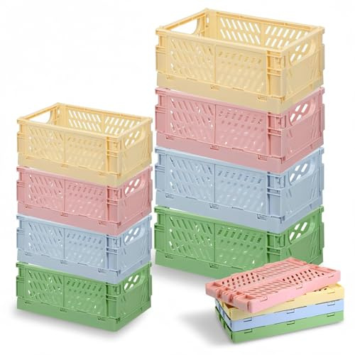 Wonninek 8Pcs Collapsible Storage Crates, 2 Sizes Storage Baskets | Pastel Plastic Basket, Collapsible and Stackable Design, Hollowed Out & Ventilated
