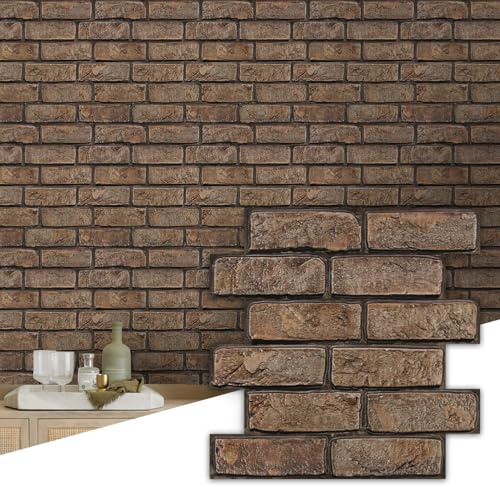 Commomy 3D Faux Brick Wall Panels Self Adhesive Wall Stickers,Brown | 10 Pcs 11.8 x 11.8 Thin PVC Fake Brick Wallpaper Tiles for Kitchen,Bathroom,Quick DIY Home Wall Decor(9.7 sq.ft)