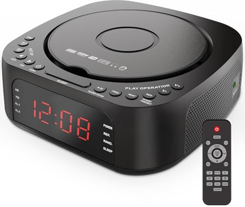 Radio Réveil Lecteur CD avec Télécommande, CD/MP3, Bluetooth, Radio FM avec Haut-parleurs, Chargeur USB, Écran LED Réglable, Double Alarme, Son en Option, CD Player pour Chambre