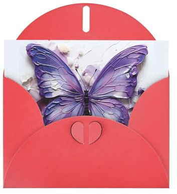PEGQCVAM Biglietto di auguri con farfalla e dipinto a olio viola. Biglietto di auguri di lusso perlato rosso, cartoncino di alta qualità per tutte le occasioni
