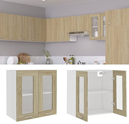 QZZCED Hängevitrine Lyon Sonoma Eiche, 60 x 31 x 60 cm, technisches Holz, Küchenschrank mit Glas und zwei Regalen, funktionales Design für organisierte Aufbewahrung, Schrank