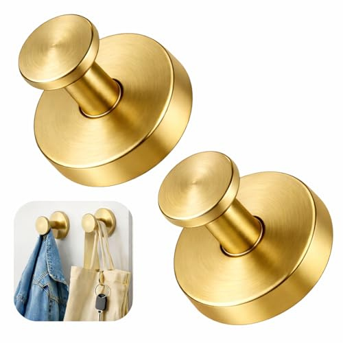 2Pcs Suction Hooks Suction for Bathroom & Shower, Heavy Duty Suction Cup Hooks for Hanging Towels, Gold Stainless Steel Vacuum Hooks, Removable No Drilling Suction Hooks for Kitchen, Curtain (Gold)