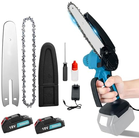 18 V 2×3,0 Ah Akku-Minikettensäge (6 Zoll), All-in-One-Set mit Schutzabdeckung, Ölflasche und Ladegerät, leichte Elektrokettensäge für Haus, Garten und Heimwerkerarbeiten