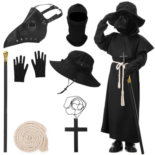 IEEILULU Pestdoktor Kostüm Kinder, Plague Doctor Costume für Junge, Mittelalter Pest Doktor Set mit Pestdoktor Maske, Zepter, Hut, Halloween Cospaly Kostüm für Karneval Fasching (140cm)