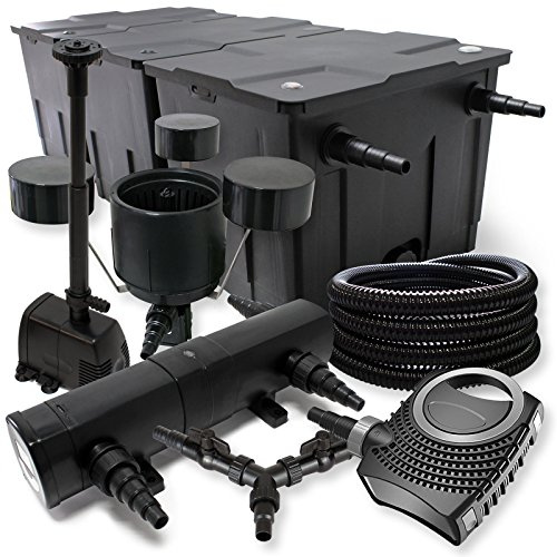 SunSun Komplettset: CBF-350C Teichfilter bis 90000 L, NEO10000 Teichpumpe 10000l/h 80W, CUV-218 Teichklärer 18W, 25m Schlauch 25mm, CSP-250 Skimmer 2500l/h, HJ-943 Springbrunnen 800l/h, Y-Verteiler