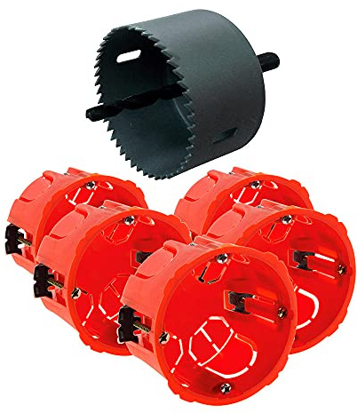 Zenitech - Pack de 5 Cajas de Empotrar para Tabiques Secos Ø67 x 40 mm - Rojo - Instalación Precisa y Rápida - Compatible con Equipos a Tornillo o Uñas - Incluye Sierra de Corona