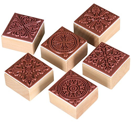 TRIXES Set mit 6 quadratischen Stempeln mit verschiedenen Ornamenten für Kunst und Handwerk mit Holzgriff Geschenk Brief Karten, Stempel Ornamente
