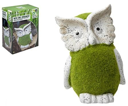 Charming White & Green Flock Wise Owl Garden Ornament - 26 cm x 17.5 cm x 14.5 cm (1 Pc.) - Unique Weather-Resistant Ceramic & Nylon Flock Material - Perfect Gift Idea