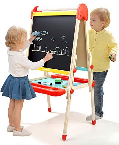 TOP BRIGHT Staffelei aus Holz für Mädchen und Jungen von 2 – 8 Jahren, doppelseitig, Tafel und Whiteboard, verstellbare Staffelei mit Aufbewahrung für Kinder