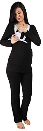 M.M.C. Still-Pyjama Set mit Spitze für Damen - Umstandspyjama Schlafanzug Nachtwäsche für Schwangerschaft und Stillzeit mit Stillfunktion, Langarm