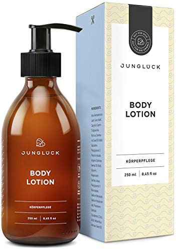 JUNGLÜCK Bodylotion 250ml - Vegan | Duftneutrale, feuchtigkeitsspendende Bodymilk | Reichhaltig pflegende Körperlotion mit BIO Aloe Vera, Hyaluron und BIO Arganöl für trockene und spannende Haut