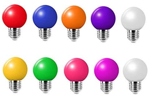 HUAMu Huamu 10er-Pack farbige LED-Glühbirnen, 2 W, E27, G45-Leuchtmittel, farbige LED-Golfball-Glühbirne, gemischte Farben Rot, Grün, Blau, Orange, Gelb, Rosa, Weiß, Warmweiß, Lila, Violett