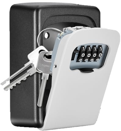 Key Lock Box Wall Mounted, Fayleeko 4 Digit Combination Lockbox for Outside, House Keys - 5 Keys Capacity, Key Safe Security Storage Lock Box for Indoor, Outdoor, Garage, Garden, Store (Grey, 1Pack)