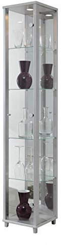 Vitrine en verre 172 x 32 x 33 cm en argent/aluminium avec 4 étagères en verre, miroir et LED, parfaite pour les collectionneurs
