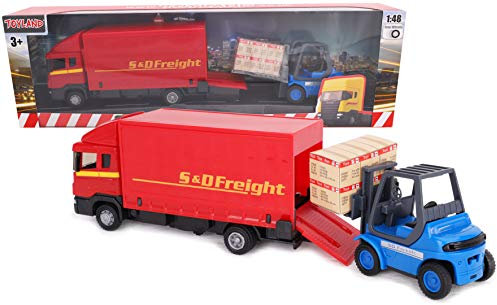 Toyland® - Set di veicoli Load & Go in - Camion merci Scania con carrello elevatore e pallet - Giocattoli per veicoli da trasporto - Giocattoli per ragazzi (Rosso)
