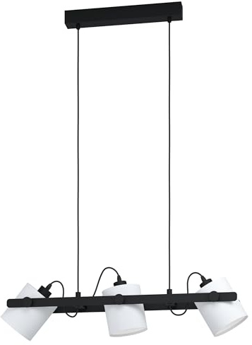 Eglo Hornwood Pendant Light 1 | 3-Light Hanging Lamp Vintage Industrial Retro Steel, Wood, Textile Black White Dining table lamp Living Room ceiling light