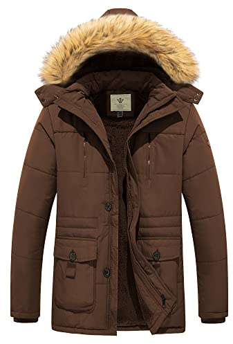 WenVen Men's Winter Outdoor Puffer Jacket Thickened Long Sleeve Coats Warm Fleece Lining Coat Hooded Windproof Parka Jacket Coffee M