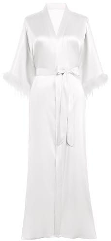 PRODESIGN Satin Kimono Robe Long Silky Bath Robe with Ostrich Feather Trim Sleepwear Wedding Bridesmaid Robe White
