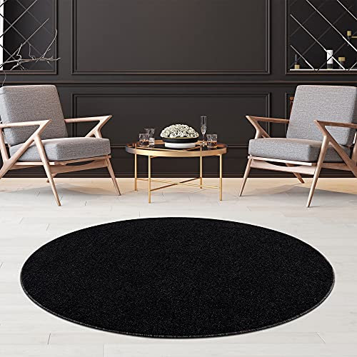 Fashion4Home Teppich Wohnzimmer – Einfarbig, Uni Teppich fürs Kinderzimmer, Schlafzimmer, Arbeitszimmer, Büro, Flur und Küche - Kurzflor, Anthrazit-Schwarz, Größe: 160 cm Rund