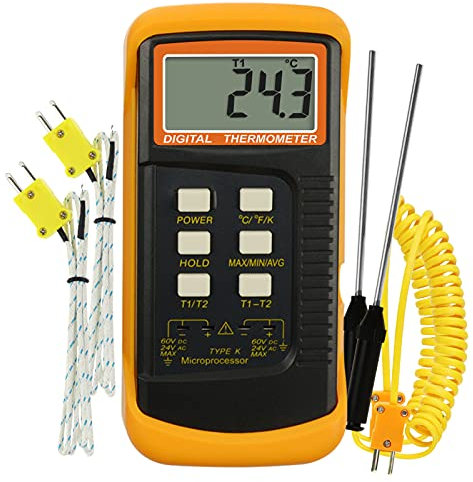 Thermoelement-Sonde verdrahtet und Edelstahl Digitales Thermometer 2 Kanäle DI Typ K Skala Kelvin Messgerät T1-t2 Doppeltemperatur (4-Kanal-Thermoelement)