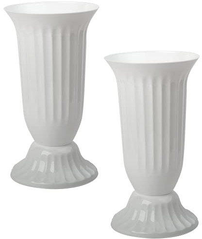 2X Außen Vase für Garten oder Grab in runder Form sehr robustem Kunststoff mit abnehmbarem Stad-Fuß Weiß