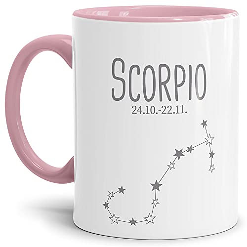 Sternzeichen Tasse Skorpion - Sternbild Kaffeetasse mit Spruch - Geschenk zum Geburtstag, Horoskop, Astronomie, Tierkreiszeichen - Keramik Innen & Henkel Rosa, 300 ml I Skorpion
