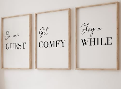 Home Decor Quotes set of 3 Unframed Prints, Be Our Guest Get Comfy Stay A While, Home Wall Art Decor, Family Art Poster (A3)