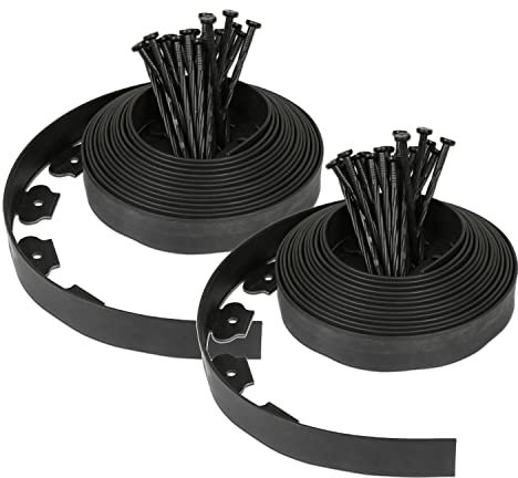 Randaco Borde flexible para césped de plástico con 60 clavos de plástico para anclaje, borde flexible para jardín, barrera de raíces, borde de bancal, longitud 20 m, altura 5 cm, color negro