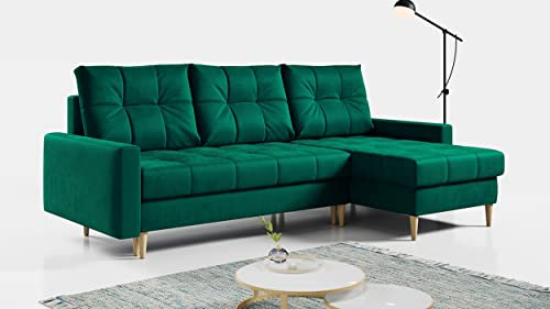 MKS MEBLE Ecksofa - L-Form Sofa mit Schlaffunktion - Wohnlandschaft L Form, Ecksofa mit Schlaffunktion und Bettkasten, Schlafsofa mit Bettkasten, Couch mit Schlaffunktion - Grün Astra