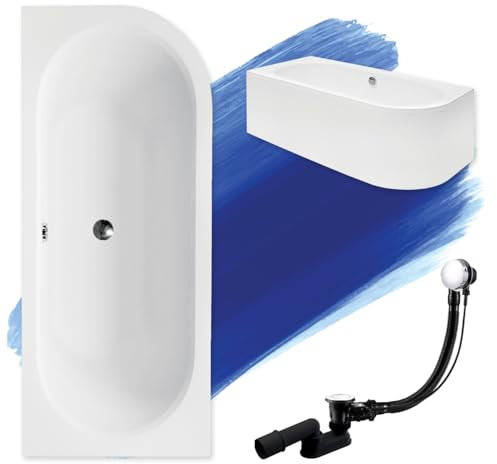 BADLAND Baignoire D'angle Originale 150 x 75 cm Gauche en Acrylique - Kit Complet Avec Tablier, Siphon, Design Moderne, Bonde Chromée, Pour 2 Personnes