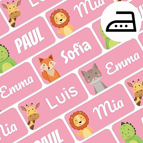melu kids® Iron on Name Labels for Clothes (60 Pieces) - Personalised Kids Name Tags for Clothing and School Uniform - Washable to 60° (Pink)