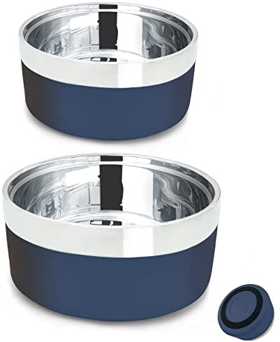 Dog Bowl Stainless Stee Large Cat Bowl, Non-Slip Dog Cat Food Water Bowls,Feeder Dog Bowls for Small Medium Sized Cat Dogs,Double Weighted Metal Pet Bowl-2Pack 650ml+1100ml (Dark blue)