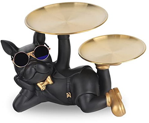 oliruim Schwarz Bulldogge Butler-Statue mit Tablett, Französische Bulldogge, Wohnzimmer Tischdeko, Eingangstisch Dekor (Schwarz)