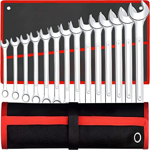 Retoo Set di chiavi combinate a cricchetto, 14 pezzi, SW 8 – 24 mm, borsa a rullo, utensili manuali, in acciaio al cromo vanadio