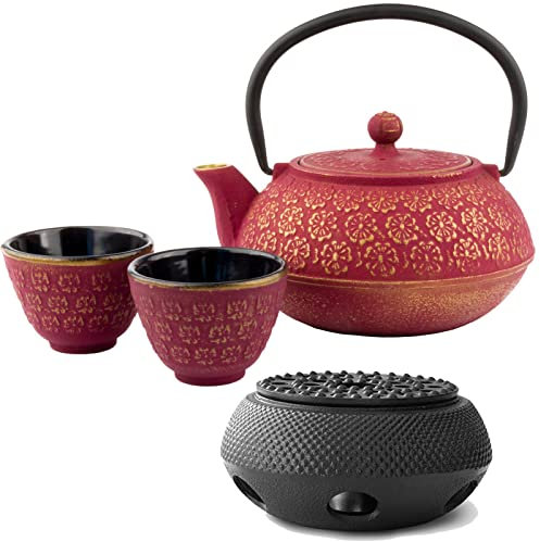 Gusseisen Tee Set 0.6 Liter Teekanne mit Stövchen & 2 Guss-Tassen (Becher) & Edelstahl Tee-Filter Sieb-Einsatz - ideal für lose Teesorten