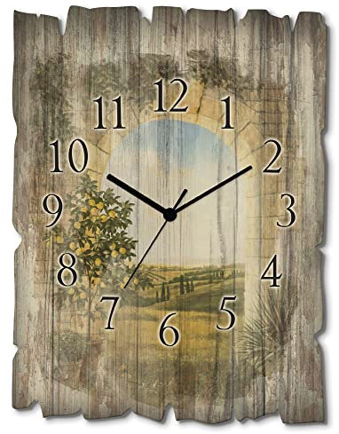 ARTLAND Wanddeko Wanduhr ohne Tickgeräusche aus Holz Funk Uhr lautlos Rechteckig 30x40 cm Torbogen Tontöpfe Zitronenbaum Wiese Zypressen Toskana Rustikal T4AK